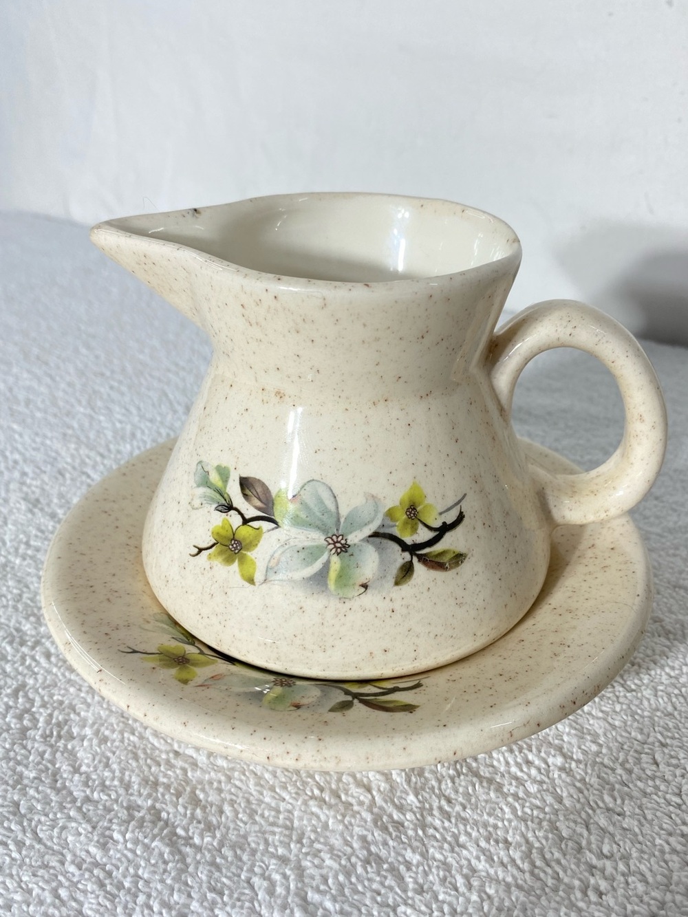 Vintage Speckled Stoneware Creamer And Saucer Set Dogwood Flower Pattern